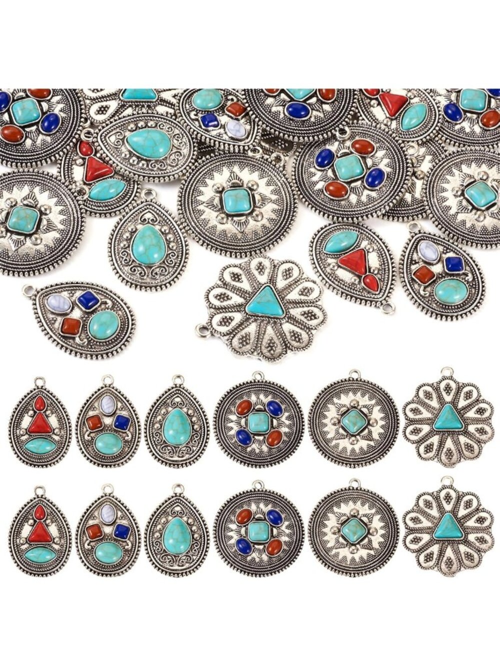 24Pcs Vintage Turquoise Charms for Jewelry Making - Bohemian Dangle Pendants
